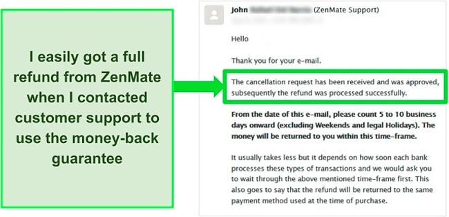 Screenshot of an email conversation with ZenMate's customer support team who approved a refund with the money-back guarantee.