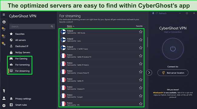Screenshot of CyberGhost's optimized server list