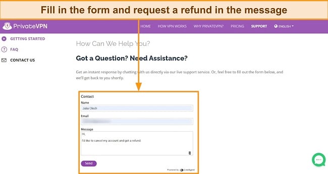Screenshot of PrivateVPN's online contact form