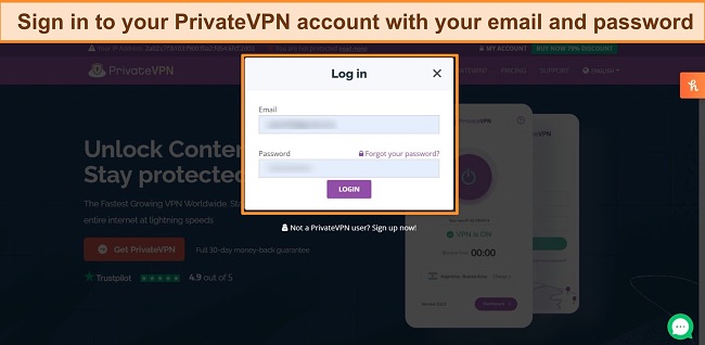 Screenshot of PrivateVPN's login page