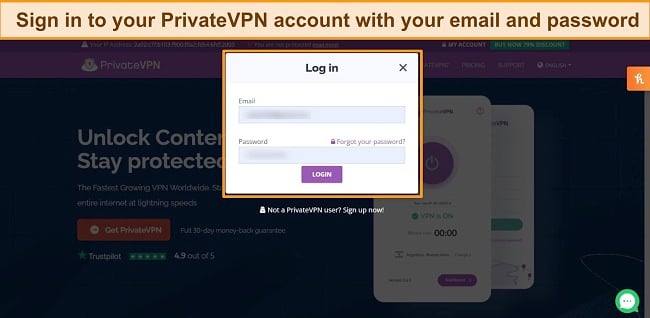 Screenshot of PrivateVPN's login page