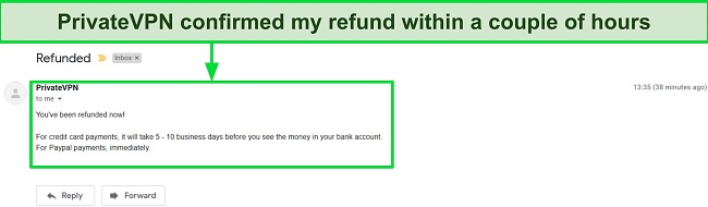 Screenshot of PrivateVPN's refund confirmation email