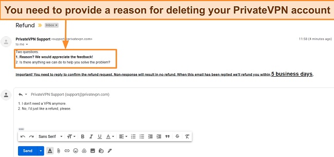 Screenshot highlighting 2 questions you need to answer to receive a refund from PrivateVPN