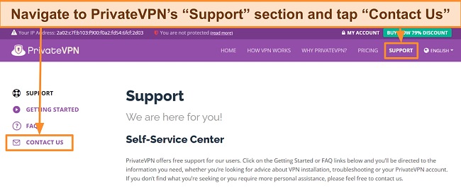 Screenshot of PrivateVPN's support section