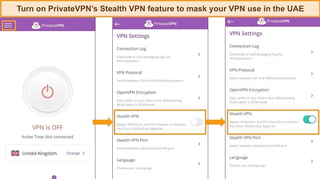 Screenshots of PrivateVPN iOS app detailing how to switch on the Stealth VPN server obfuscation feature.