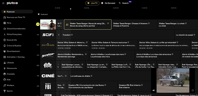 Capture d'écran de la liste des programmes sur PlutoTV