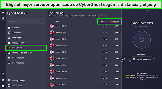 Captura de pantalla de los servidores de juegos dedicados de CyberGhost con opciones de clasificación de ping y distancia resaltadas.
