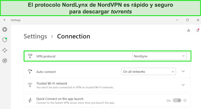 Captura de pantalla de la aplicación de Windows de NordVPN que muestra el protocolo NordLynx seleccionado