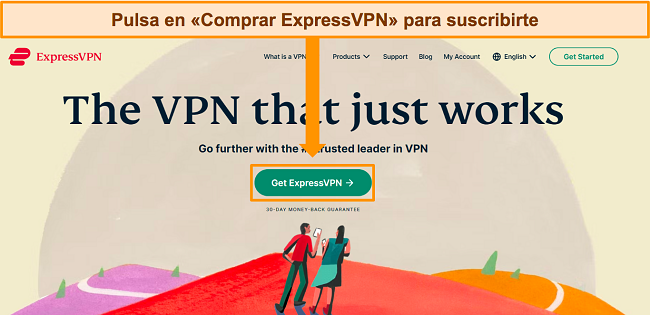 Captura de pantalla de la página de inicio de ExpressVPN, resaltando el botón 