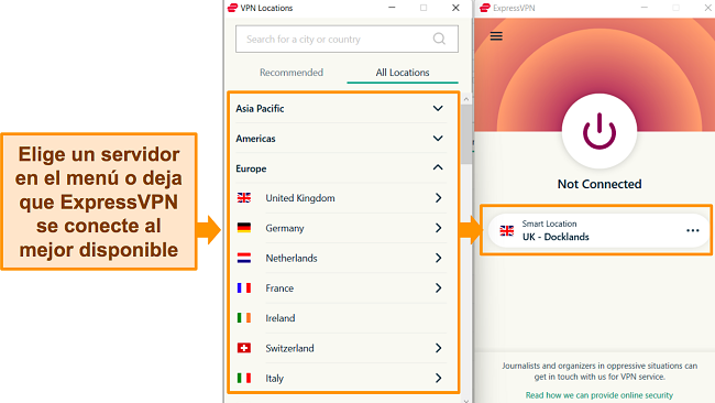 Captura de pantalla que muestra la aplicación de Windows de ExpressVPN y el menú del servidor disponible.