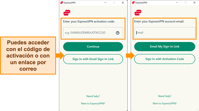 Capturas de pantalla de la aplicación de Windows de ExpressVPN que muestran los métodos en los que un usuario puede iniciar sesión en la aplicación.