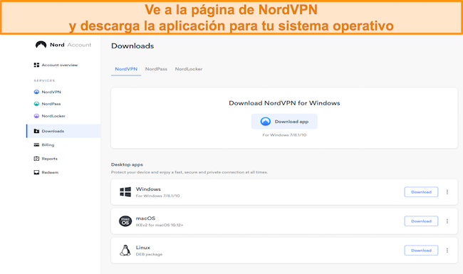 Visite el sitio web de NordVPN para descargar la aplicación para su sistema operativo
