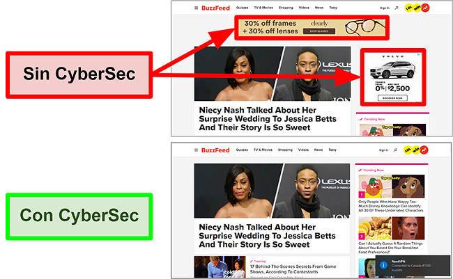 Captura de pantalla de la página de inicio de BuzzFeed con la función CyberSec de NordVPN activada y desactivada