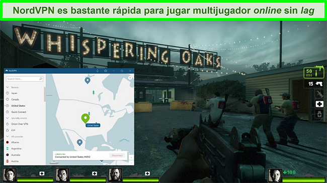 Captura de pantalla de NordVPN conectado a un servidor de EE. UU. Mientras se juega el juego Left 4 Dead 2