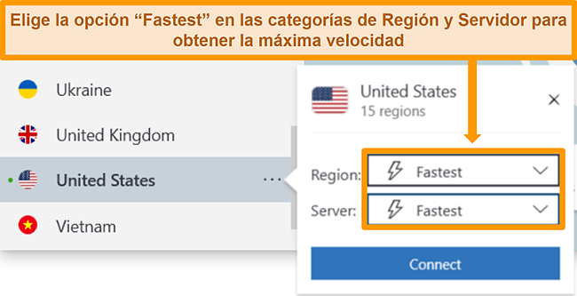 Captura de pantalla de las opciones de servidor de NordVPN para EE. UU. Que muestra la región y el servidor más rápidos