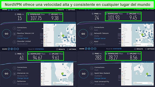 Capturas de pantalla de pruebas de velocidad con NordVPN conectado a diferentes servidores globales