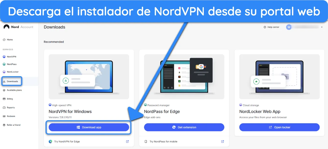 Captura de pantalla que muestra cómo puede obtener la configuración de NordVPN desde su portal web.