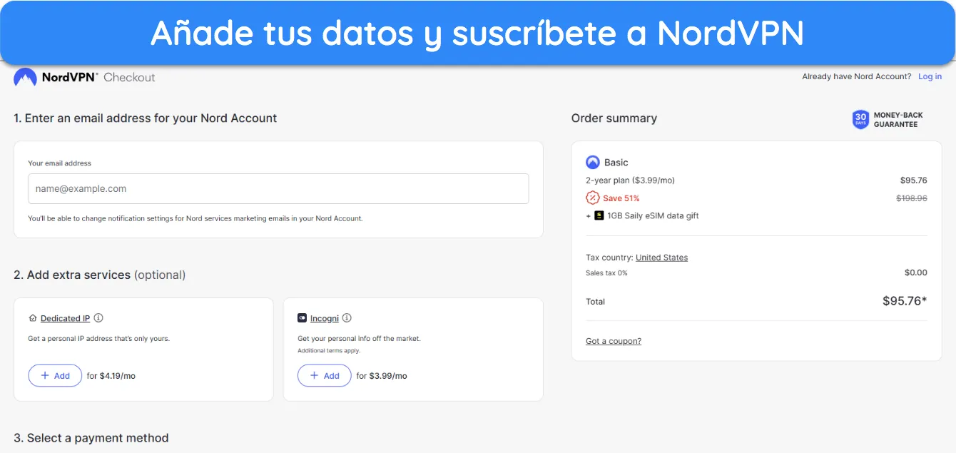 Captura de pantalla que muestra cómo suscribirse a NordVPN después de elegir un plan.