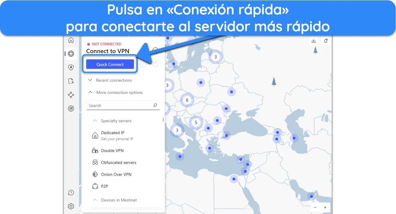 Captura de pantalla que muestra cómo conectarse automáticamente al servidor cercano más rápido después de instalar NordVPN.