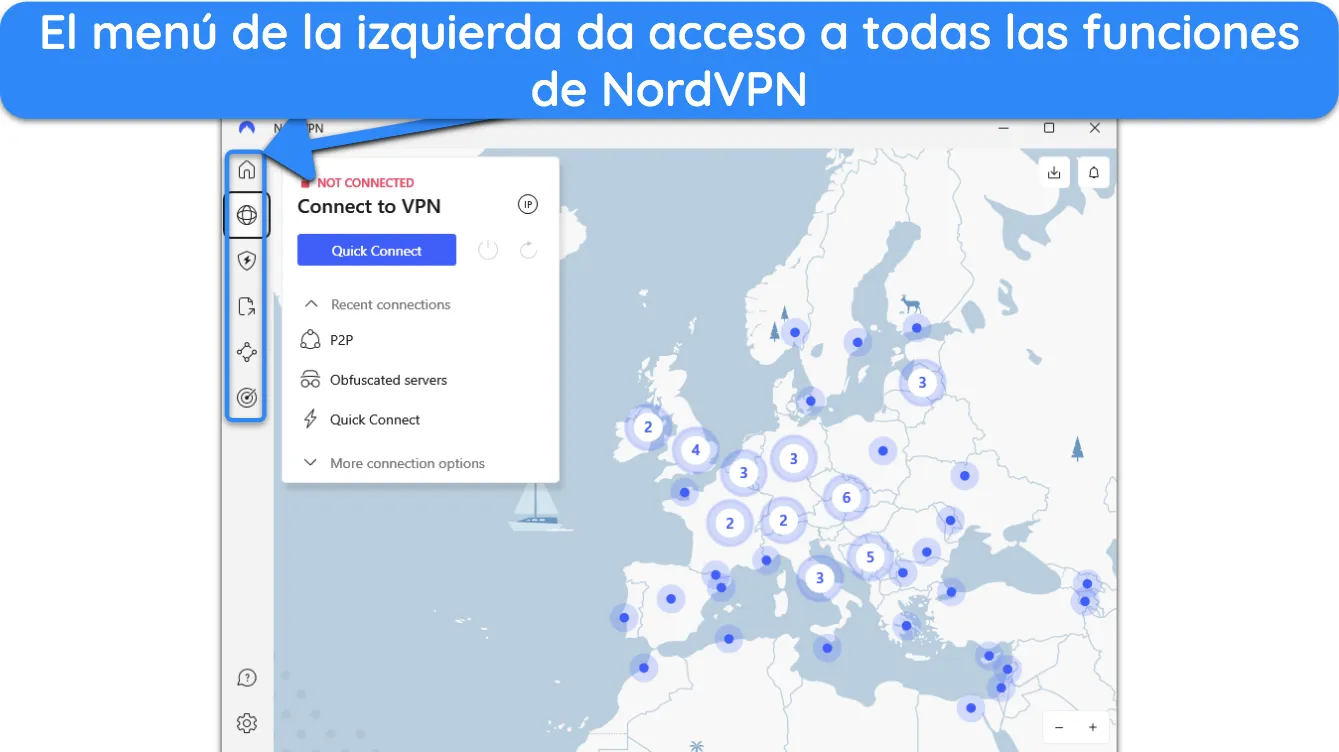 Captura de pantalla de la barra de navegación en las aplicaciones de escritorio de NordVPN.