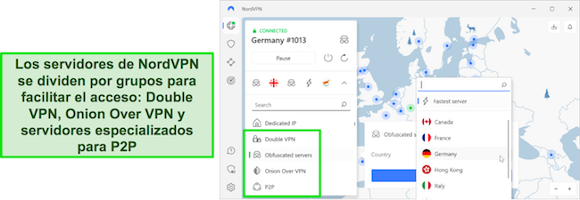 Descripción general del área de selección de servidores especializados de NordVPN