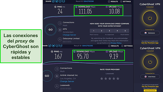 Capturas de pantalla de las pruebas de velocidad de Ookla con la extensión de Chrome de CyberGhost conectada a servidores en los Países Bajos y EE. UU.