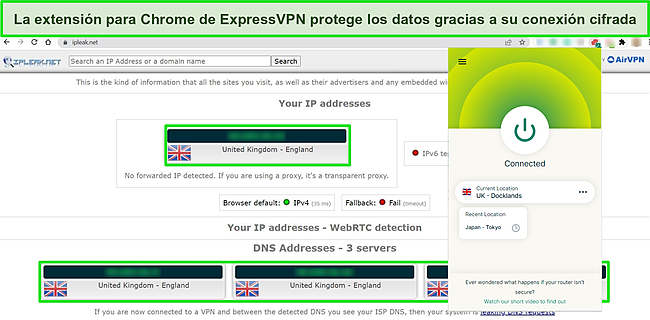 Captura de pantalla de la extensión de Chrome de ExpressVPN conectada a un servidor del Reino Unido, con una prueba de IPLeak.net que muestra cero fugas de datos.