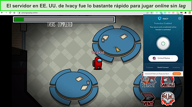 Captura de pantalla de la extensión Chrome de Ivacy conectada al servidor gratuito de EE. UU., con Among Us en línea de fondo.