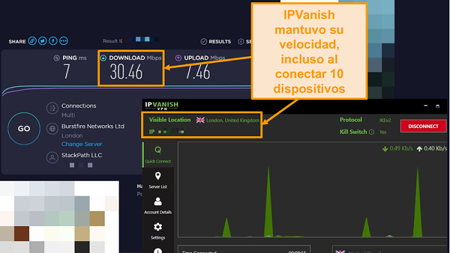 Captura de pantalla de una prueba de velocidad con conexión IPVanish