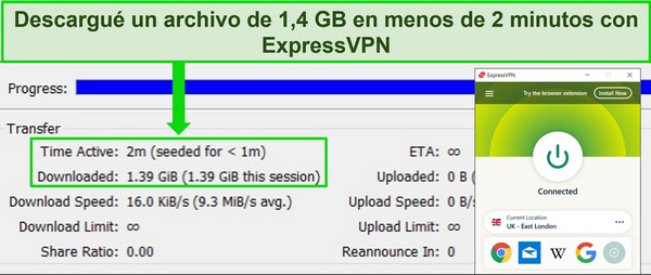 Captura de pantalla de ExpressVPN conectado a un servidor del Reino Unido con un cliente torrent que muestra un tiempo de descarga de menos de 2 minutos para un archivo de 1,4 GB.