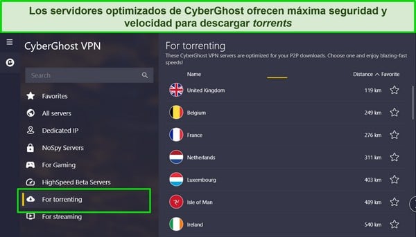 Captura de pantalla de la aplicación CyberGhost para Windows con la lista de servidores de torrents resaltada.