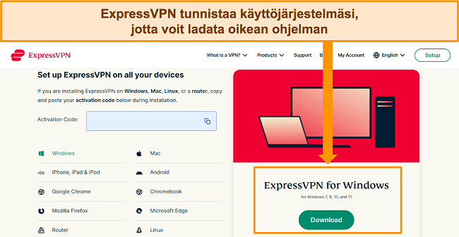 Kuvakaappaus ExpressVPN:n ohjelmiston lataussivusta sen verkkosivustolla.