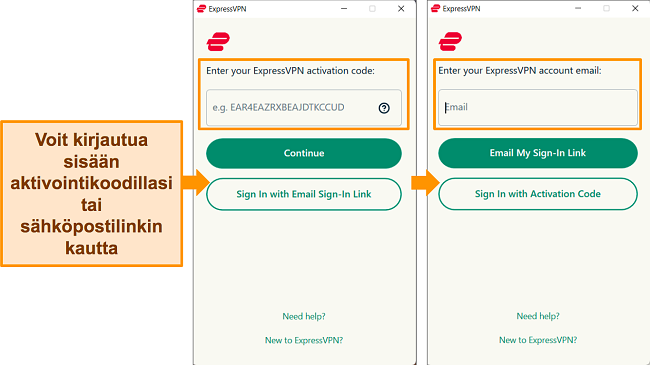 Kuvakaappaukset ExpressVPN:n Windows-sovelluksesta, jotka näyttävät tapoja, joilla käyttäjä voi kirjautua sisään sovellukseen.