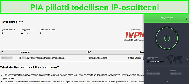 Näyttökuva Yhdysvaltain palvelimeen yhdistetystä PIA: sta ja DNS-vuototestituloksista, joissa ei ole vuotoja