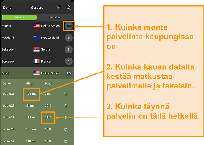 Näyttökuva IPVanish-palvelinluettelosta, jossa palvelinnumerot, ping ja palvelinkuorma on korostettu