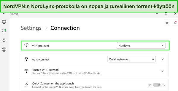 Kuvakaappaus NordVPN:n Windows-sovelluksesta, jossa näkyy valittu NordLynx-protokolla