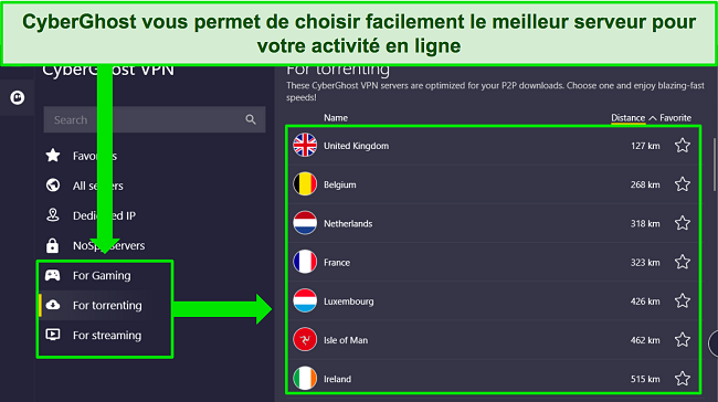 Capture d'écran de l'application Windows de CyberGhost, mettant en évidence sa sélection de serveurs optimisés.