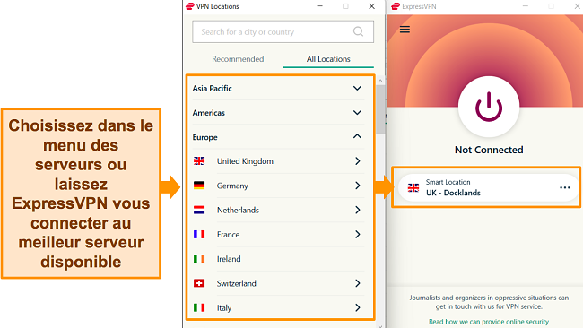 Capture d'écran montrant l'application Windows d'ExpressVPN et le menu du serveur disponible.