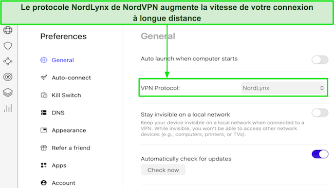 Capture d'écran montrant où choisir l'option de protocole NordLynx dans les paramètres de l'application Mac de NordVPN