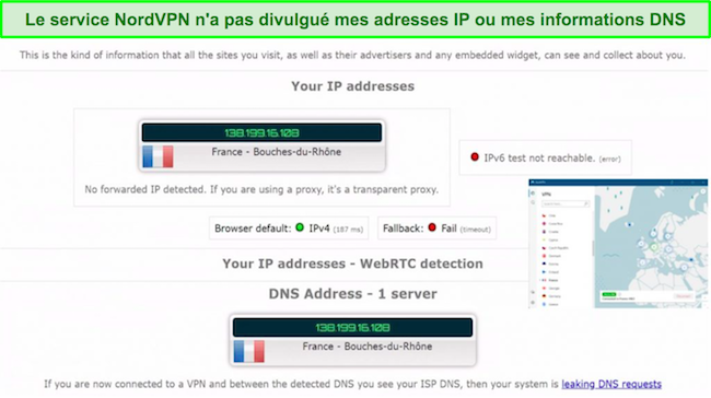 Capture d'écran du test de fuite IP et DNS de NordVPN