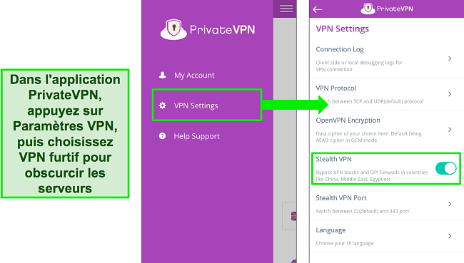 Captures d'écran de l'application iOS PrivateVPN montrant comment activer la fonction VPN furtif