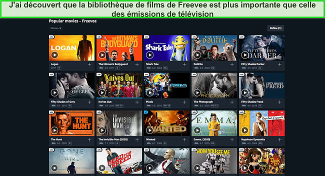 Capture d'écran du tableau de bord utilisateur de FreeVee et de la liste des films populaires.