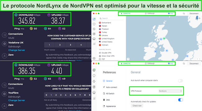 Capture d'écran des résultats des tests de vitesse de NordVPN montrant les vitesses plus rapides de NordLynx sur le serveur d'Édimbourg