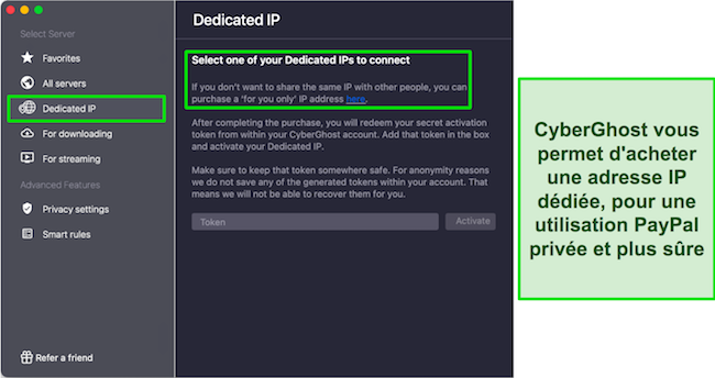 Capture d'écran montrant l'emplacement de l'option IP dédiée dans les paramètres de l'application macOS de CyberGhost