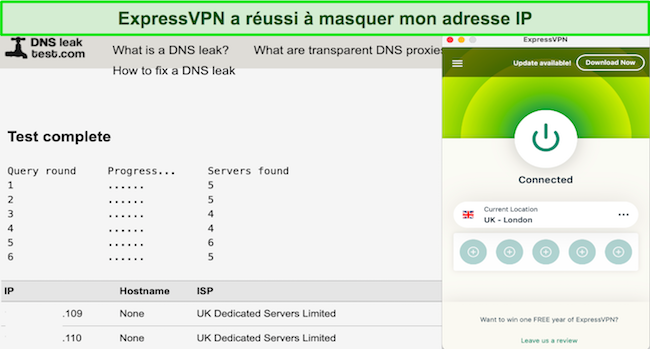 Capture d'écran d'ExpressVPN a réussi mon test de fuite IP et DNS alors qu'il était connecté à son serveur de Londres