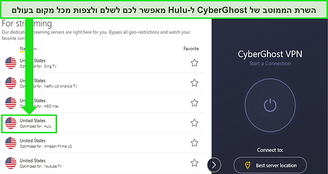 צילום מסך של תפריט שרת הסטרימינג של CyberGhost המציג שרת מותאם של Hulu.