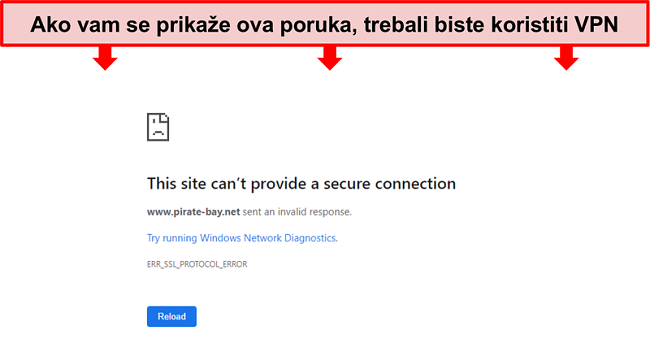 Snimka zaslona poruke pogreške tijekom pokušaja pristupa Pirate Bayu bez VPN-a