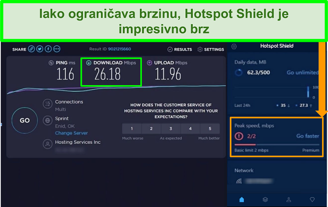 Snimka zaslona rezultata ispitivanja brzine dok je povezan s Hotspot Shield sučeljem