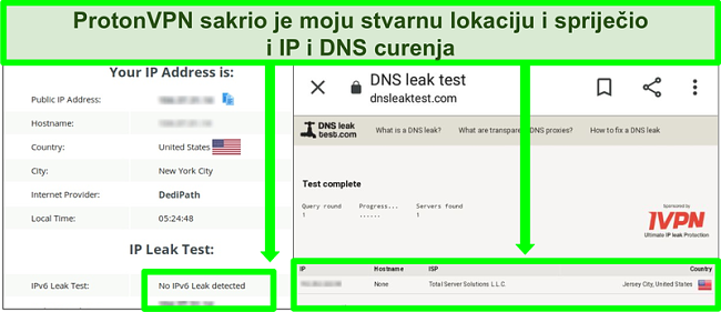 Snimak zaslona testa curenja DNS-a i IP adrese koji ne pokazuje curenje IP adrese dok je povezan s Proton VPN-om