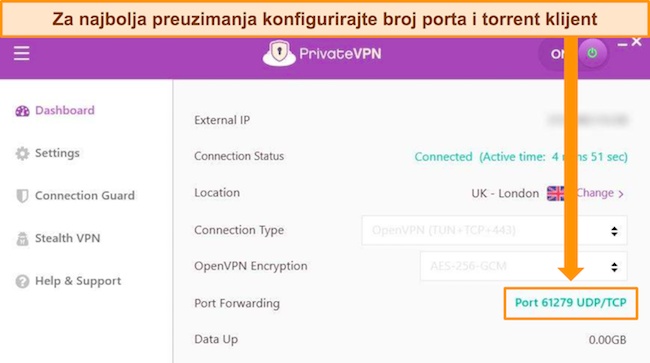 Snimka zaslona Windows aplikacije PrivateVPN-a koja prikazuje nasumično dodijeljeni broj priključka koji se može konfigurirati pomoću torrent klijenta za bolja preuzimanja